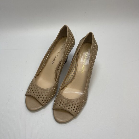 Franco Sarto Ginesa Tan Leather Peep Toe Heels Womens 8M Perforated Faux Leather - Picture 4 of 13